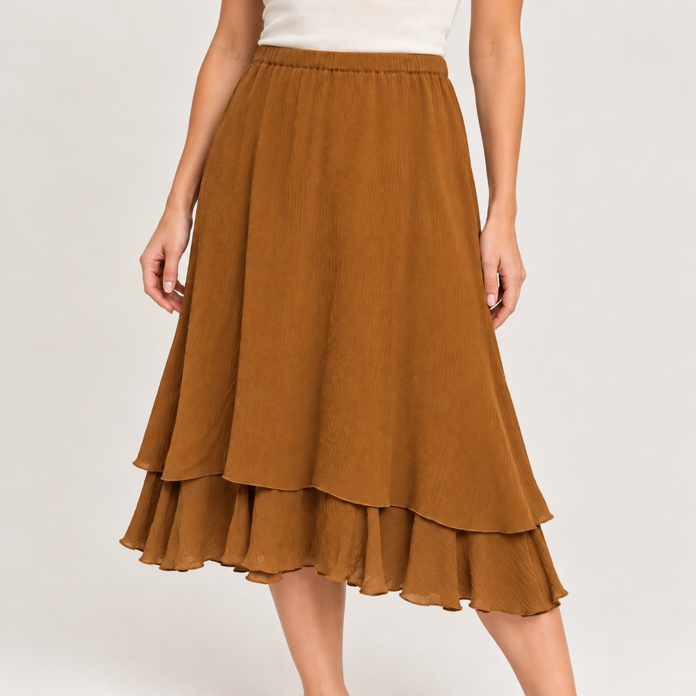 Coldwater Creek Carmel Brown 100% Silk Ruffle Tiered Midi Skirt Sz M Flowy Boho